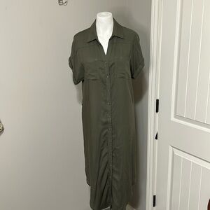 Evereve Allison Joy Dress Romi Utility Midi Olive Button Front Short Sleev S NEW